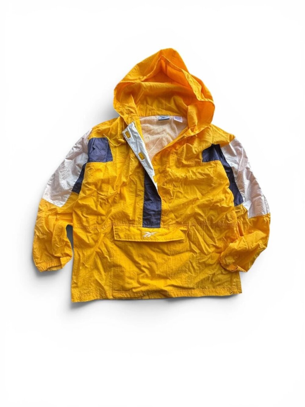 Vintage 90s Reebok Colorblock Anorak Windbreaker Sz L Yellow Hooded Pullover